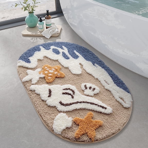 FRABE Beach Bathroom Rugs, Non Slip Soft Washable,Absorbent,with Starfish Shell,Ocean Sea Theme Bath Mat,for Shower Floor Decor, Kids Room, 22"x34"