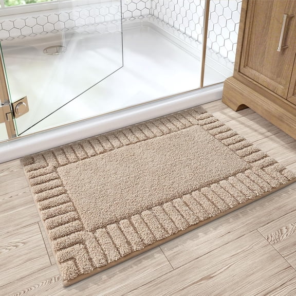 FRABE Bathroom Rug, Extra Soft Plush Microfiber Shower Mat with Recessed Frame, Non-Slip Quick-Dry Machine Washable for Bathtub and Sink, Beige 20"x32"