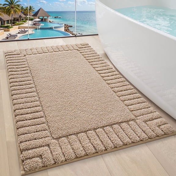 FRABE Non-Slip Bathroom Rug with Rubber Backing Extra Soft Plush Microfiber Bath Mat Absorbent Washable Quick Dry for Tub Shower Hotel Beige 20"x32"