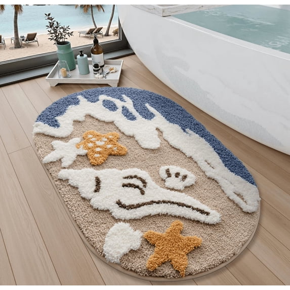 FRABE Beach Bathroom Rugs, Non Slip Bath Mat Ultra Soft Washable Absorbent Quick Dry, Ocean Sea Theme Bath Rug with Starfish Shell for Shower Floor, Kitchen Decor, Kids Room, 22"x34"