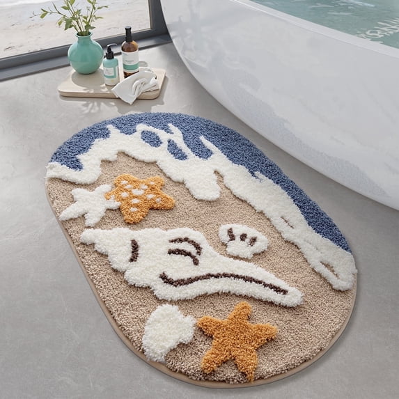 FRABE Beach Bathroom Rugs, Non Slip Soft Washable,Absorbent,with Starfish Shell,Ocean Sea Theme Bath Mat,for Shower Floor Decor, Kids Room, 22"x34"