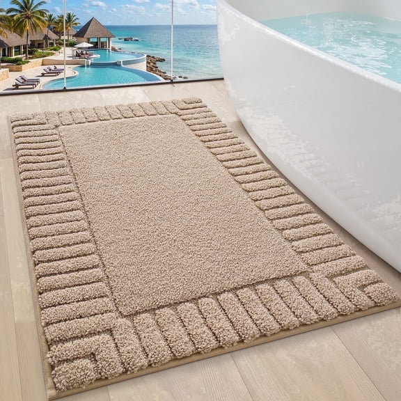 FRABE Non-Slip Bathroom Rug, Ultra Soft Plush Microfiber Shower Mat with Rubber Backing, Absorbent Quick-Dry Recessed Frame Design for Tub and Bathroom, Beige 24"x36"