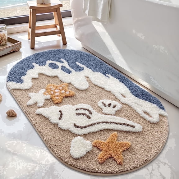 FRABE Beach Bathroom Rugs, Non Slip Bath Mat Ultra Soft Washable Absorbent Quick Dry, Ocean Sea Theme Bath Rug with Starfish Shell for Shower Floor, Kitchen Decor, Kids Room, 24"x44"