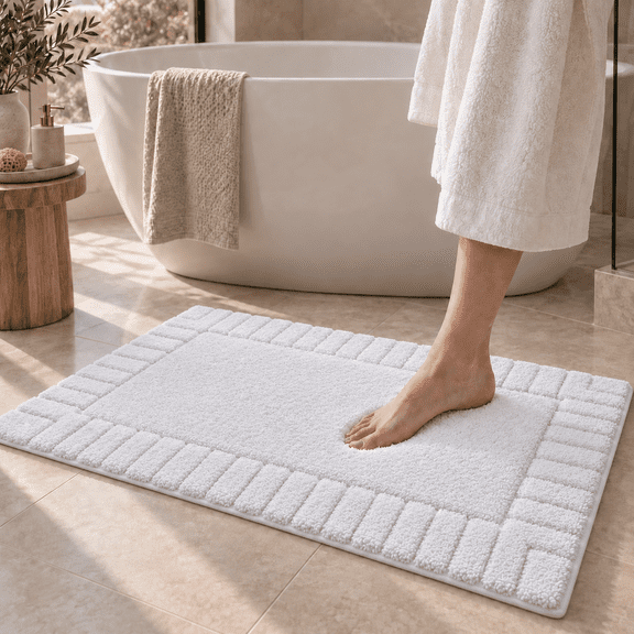 Frabe Bathroom Rug, Extra Soft Plush Microfiber Shower Mat with Recessed Frame, Non-Slip Quick-Dry Machine Washable for Bathtub and Sink, White 24"x36"