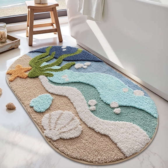 FRABE Beach Bathroom Rugs, Non Slip Bath Mat,Soft Washable,Absorbent Quick Dry,with Starfish Shell Ocean Sea Theme Bath Rug for Shower Floor, Kitchen Decor, Kids Room, 24"x44"