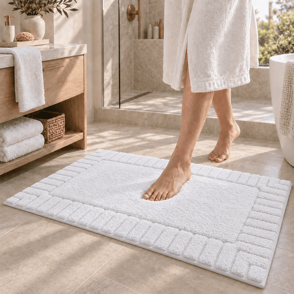 Frabe Bathroom Rug, Extra Soft Plush Microfiber Shower Mat with Recessed Frame, Non-Slip Quick-Dry Machine Washable for Bathtub and Sink, White 24"x43"