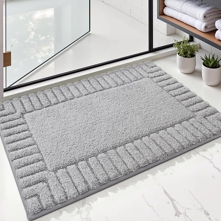 FRABE Bathroom Rug, Extra Soft Plush Microfiber Shower Mat with Recessed Frame, Non-Slip Quick-Dry Machine Washable for Bathtub and Sink, Light Grey 24"x43"