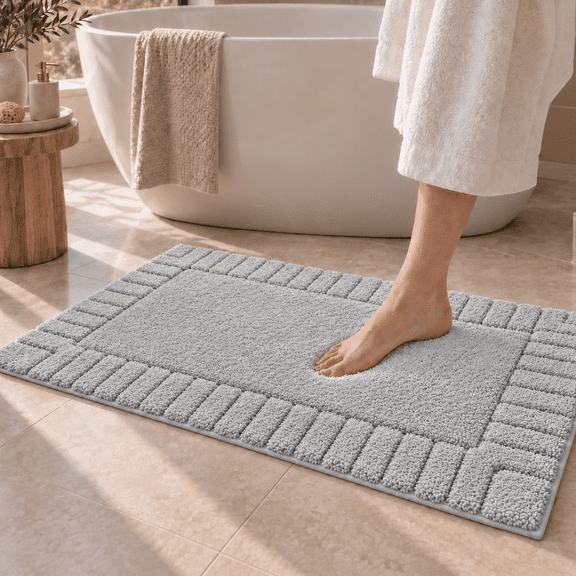 Frabe Bathroom Rug, Extra Soft Plush Microfiber Shower Mat with Recessed Frame, Non-Slip Quick-Dry Machine Washable for Bathtub and Sink, Light Grey 24"x43"