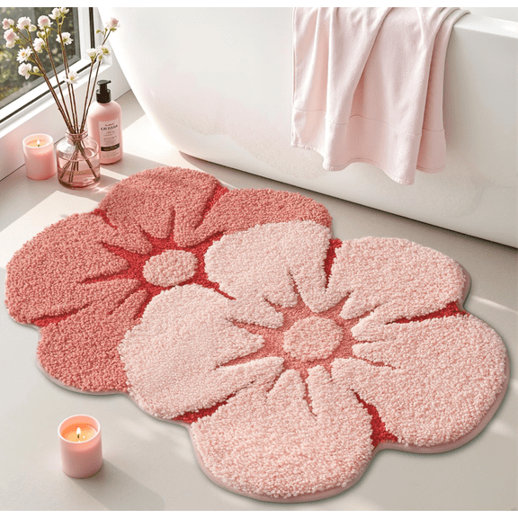 Frabe Flower Bath Rug, Funny Floral Bath Mat, Soft Plush Fluffy Red Rug, Absorbent, Non-Slip for Bathroom, Kitchen Sink, Bedroom, Kid's Bedroom, and Living Room, 20"x32", Pink