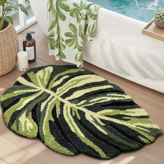 FRABE Cute Bathroom Rugs with Green Dark Monstera Leaf Plant, Soft Fluffy Plush, Absorbent Non Slip Bath Mat, Machine Washable,for Shower Floor,home, Bedroom, 24"x32"
