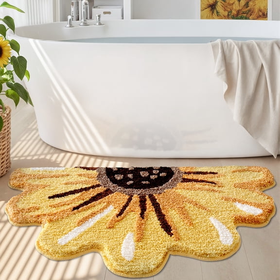 FRABE Floral Bath Mat, Sunflower Bathroom Rug, Non-Slip, Absorbent, Soft Plush Fluffy Yellow Bath Mat,Bedroom,and Living Room, 20" x 36"
