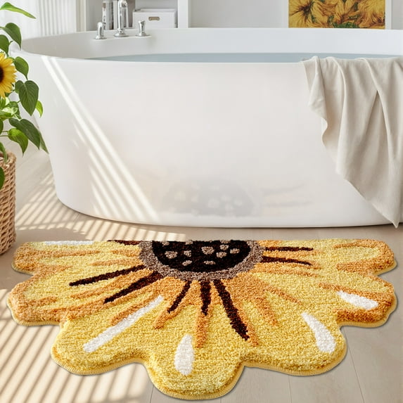 FRABE Floral Bath Mat, Sunflower Bathroom Rug, Non-Slip, Absorbent, Soft Plush Fluffy Yellow Bath Mat,Bedroom,and Living Room, 20" x 36"