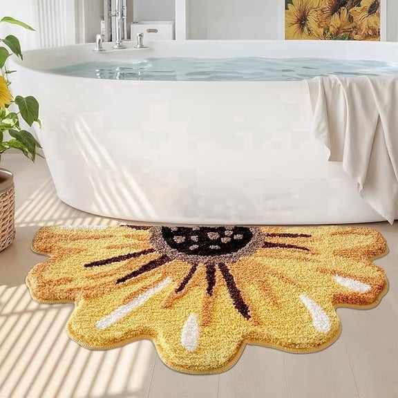 FRABE Floral Bath Mat, Sunflower Bathroom Rug, Soft Plush Fluffy Yellow Bath Mat, Absorbent, Non-Slip for Bathroom, Kitchen Sink, Bedroom, Kid's Bedroom, and Living Room, 24"x43"