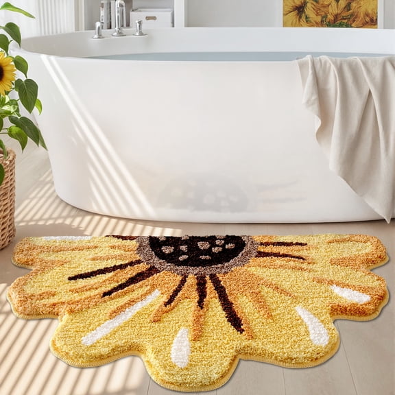 FRABE Floral Bath Mat, Sunflower Bathroom Rug, Non-Slip, Absorbent, Soft Plush Fluffy Yellow Bath Mat,Bedroom,and Living Room, 24"x43"