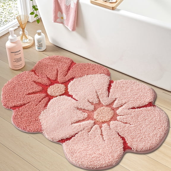 FRABE Flower Bath Rug, Funny Soft Plush Fluffy Floral Bath Mat,Absorbent, Non-Slip for Bathroom, Bedroom, and Living Room, Bliss Pink, 24" x 36"