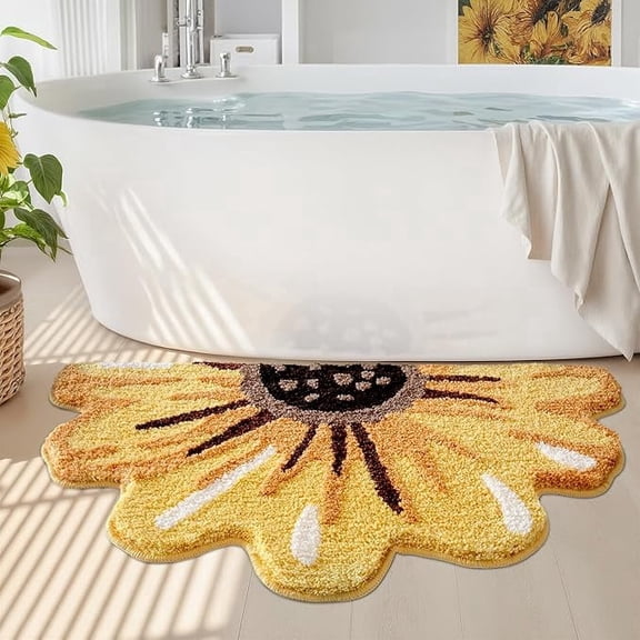 FRABE Non-Slip Bathroom Rug, Cute Sunflower Shape Soft Plush Design, Ultra Absorbent Quick-Dry Bath Mat for Living Room and Kid's Bedroom, Yellow 24" x 43"