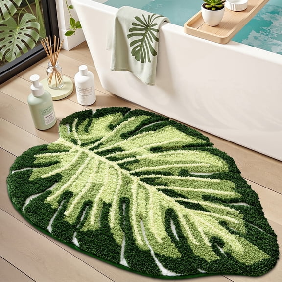 FRABE Monstera Leaf Bathroom Rugs Cute Soft, Plush, Absorbent Non Slip Shower Mat for Bathroom, Bedroom, Kids Room,32"x47"