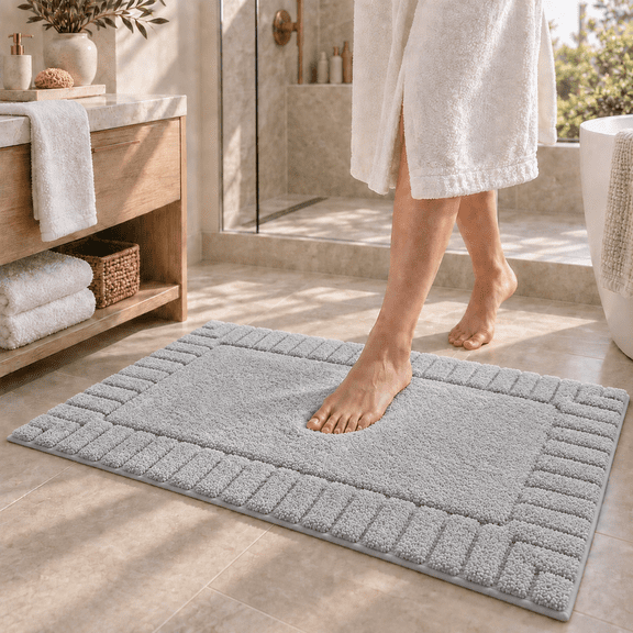 Frabe Bathroom Rug, Extra Soft Plush Microfiber Shower Mat with Recessed Frame, Non-Slip Quick-Dry Machine Washable for Bathtub and Sink, Light Grey 24"x36"