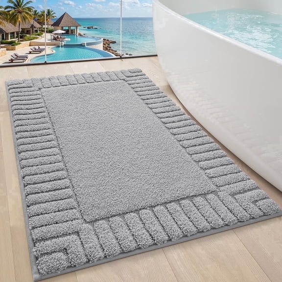FRABE Non-Slip Bathroom Rug, Ultra Soft Plush Microfiber Shower Mat with Rubber Backing, Absorbent Quick-Dry Recessed Frame Design for Tub and Bathroom, Light Grey 24"x36"