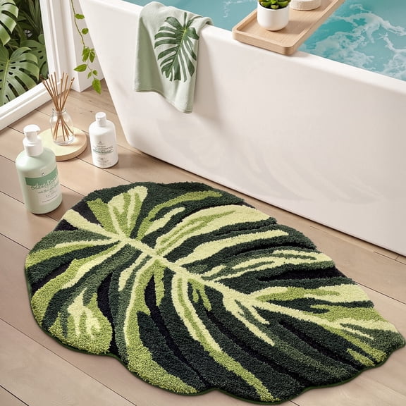 FRABE Cute Bathroom Rugs with Green Dark Monstera Leaf Plant, Soft Fluffy Plush, Absorbent Non Slip Bath Mat, Machine Washable,for Shower Floor,home, Bedroom, 32"x48"