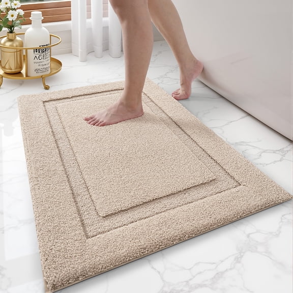 FRABE Non Slip Bathroom Rug with Rubber Backing, Ultra Absorbent Quick Dry Microfiber Bath Mat, Machine Washable, Beige, 16"x24"