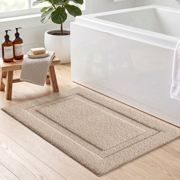 FRABE Bathroom Rug, Ultra Soft Plush Quick-Dry Microfiber Mat with Recessed Border Design, Non-Slip Rubber Backing and Machine Washable for Tub and Sink, Beige 20"x32"