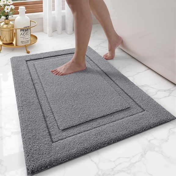 FRABE Non-Slip Bathroom Rug, Ultra Absorbent Quick Dry Microfiber Bath Mat with Recessed Border Pattern, Machine Washable Rubber Backing Carpet for Tub and Sink, Dark Grey 16"x24"