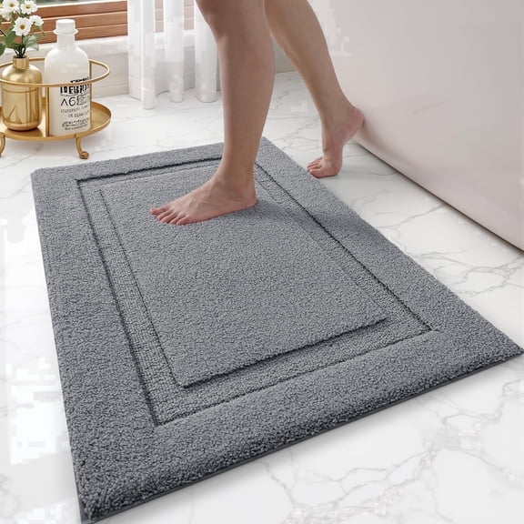 FRABE Bathroom Rug, Ultra Soft Plush Quick-Dry Microfiber Mat with Recessed Border Design, Non-Slip Rubber Backing and Machine Washable for Tub and Sink, Dark Grey 20"x32"