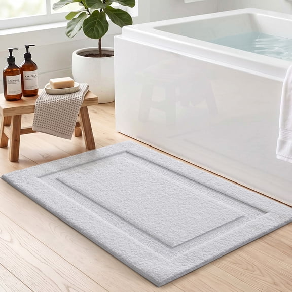 FRABE Bathroom Rug, Ultra Soft Plush Quick-Dry Microfiber Mat with Recessed Border Design, Non-Slip Rubber Backing and Machine Washable for Tub and Sink, White 16" x 24"
