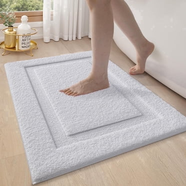 FRABE Bathroom Rug, Ultra Soft Plush Quick-Dry Microfiber Mat with Recessed Border Design, Non-Slip Rubber Backing and Machine Washable for Tub and Sink, White 16" x 24"