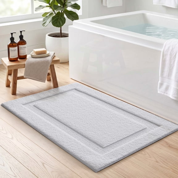 FRABE Bathroom Rug, Ultra Soft Plush Quick-Dry Microfiber Mat with Recessed Border Design, Non-Slip Rubber Backing and Machine Washable for Tub and Sink, White 20"x32"