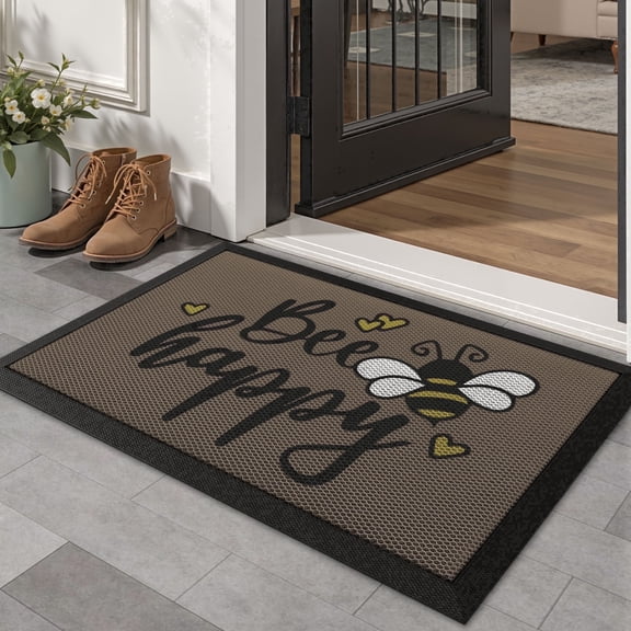 FRABE Non-Slip Outdoor Door Mat, Waterproof Rubber Low Profile Entrance Rug, Durable Easy Clean Scraper for Front Door and Porch, Brown Bee Happy 17"x30"