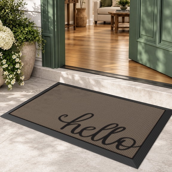 Frabe Outdoor Welcome Doormat, Low Profile Rubber Entryway Mat with Hello Design, Non-Slip Durable Easy Clean Scraper Rug for Front Door and Garage, Beige 17" x 30"