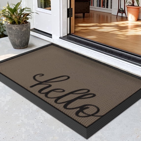 FRABE Non Slip Outdoor Doormat Hello Rubber Entryway Mat Low Profile Durable Easy Clean for Front Door Porch Garage,Khaki 17" x 30"