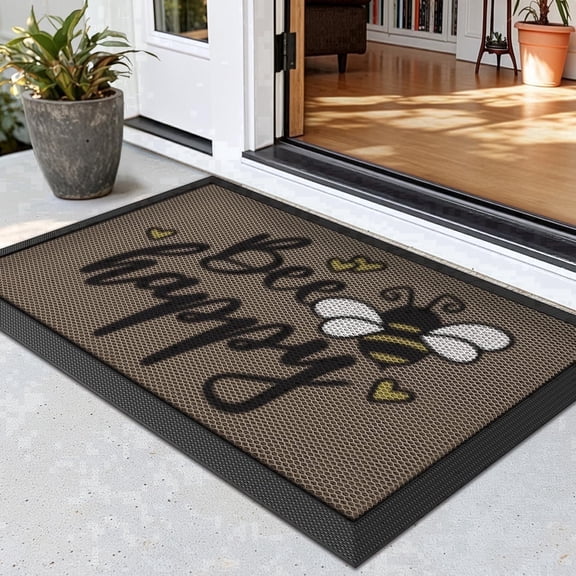 FRABE Non Slip Outdoor Door Mat Waterproof Rubber Entrance Doormat Low Profile Easy Clean Welcome Mats with Bee Happy Design 24"x36"