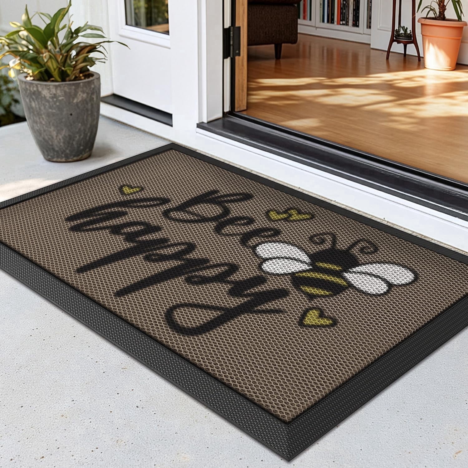 FRABE Outside Welcome Door Mat 24x36, Non Slip Durable Rubber Entrance Doormat, Low Profile Easy Clean Mats for Front Back Door Entryway Porch Garage, Bee Happy