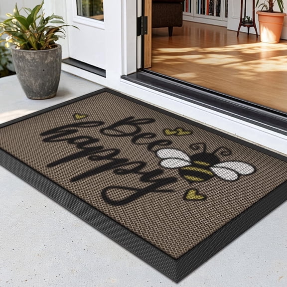 FRABE Outside Welcome Door Mat 24x36, Non Slip Durable Rubber Entrance Doormat, Low Profile Easy Clean Mats for Front Back Door Entryway Porch Garage, Bee Happy