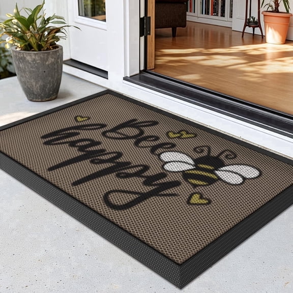 FRABE Outside Welcome Door Mat 24x36, Non Slip Durable Rubber Entrance Doormat, Low Profile Easy Clean Mats for Front Back Door Entryway Porch Garage, Bee Happy