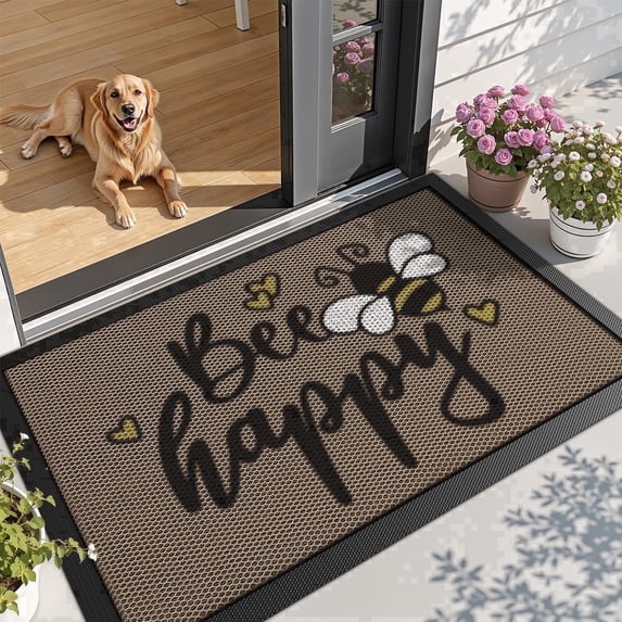 FRABE Non Slip Outdoor Door Mat Waterproof Rubber Entrance Doormat Low Profile Easy Clean Welcome Mats with Bee Happy Design 32"x48"