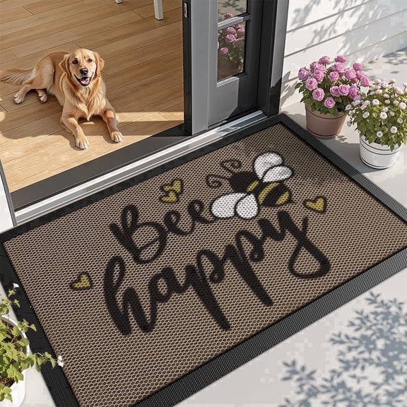 FRABE Non Slip Outdoor Door Mat Waterproof Rubber Entrance Doormat Low Profile Easy Clean Welcome Mats with Bee Happy Design 32"x48"
