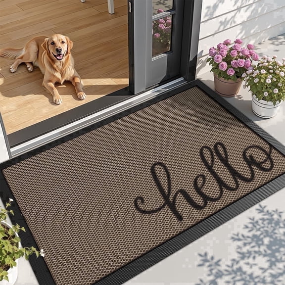 FRABE Non-Slip Outdoor Doormat, Low Profile Rubber Entryway Mat with Hello Design, Durable Easy Clean Scraper Rug for Front Door and Garage, Khaki 32" x 48"