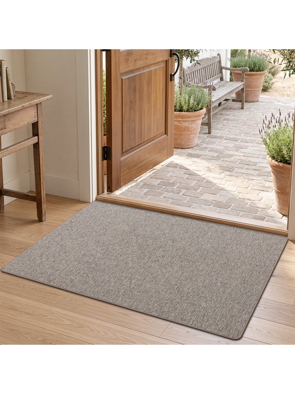Ultra Thin Non-Slip Door Mat, Low Profile Rubber Backing Entrance Rug, Easy Clean Durable Woven Design for Indoor Entryway and Patio, Khaki 24" x 36"