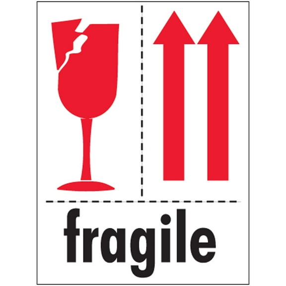 FRAGILE, GLASS, AND ARROWS International Pictorial Labels, 3" x 4", Roll of 500