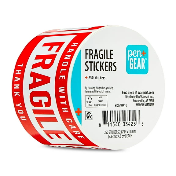 Pen+Gear Fragile Stickers, 3" x 2", 250 Count, 1 Pack