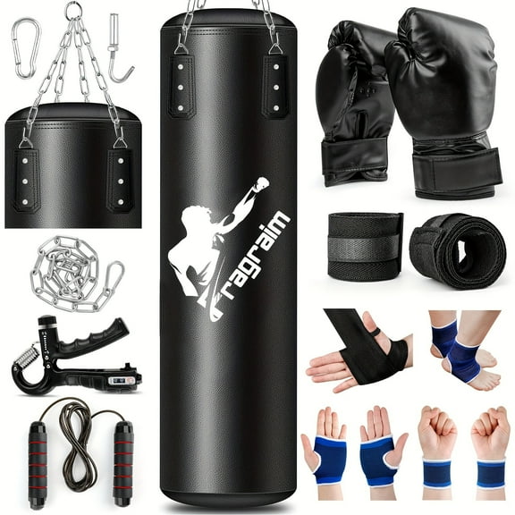 FRAGRAIM 4FT PU Punching Bag Set - Heavy Unfilled Boxing Bag with 12OZ Gloves, Hand Wraps, Chain & Hook for MMA, Kickboxing, Muay Thai, Home Gym Training