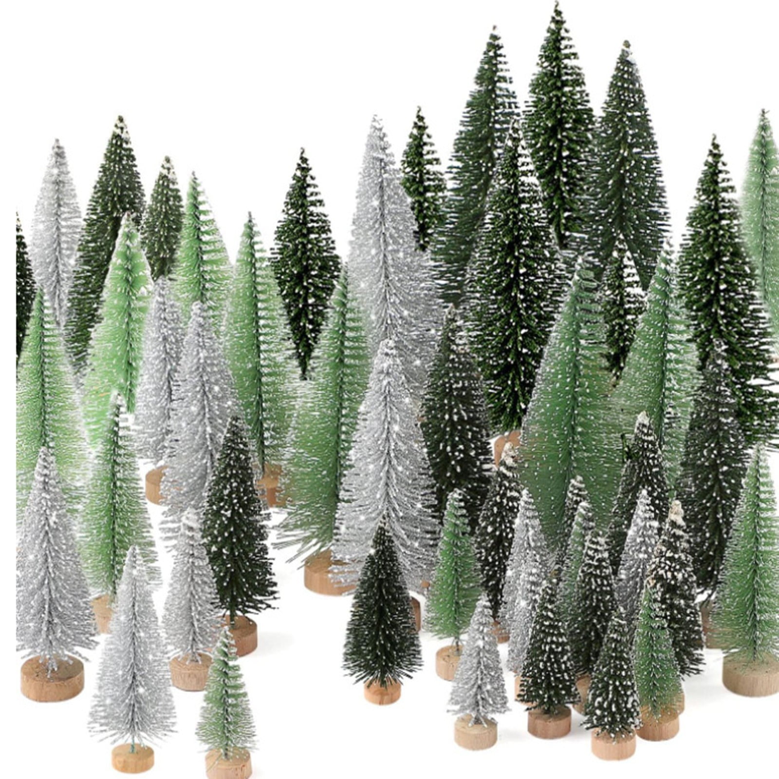 Multicolor Miniature Tabletop Christmas Trees with Wooden Base, Set of 30