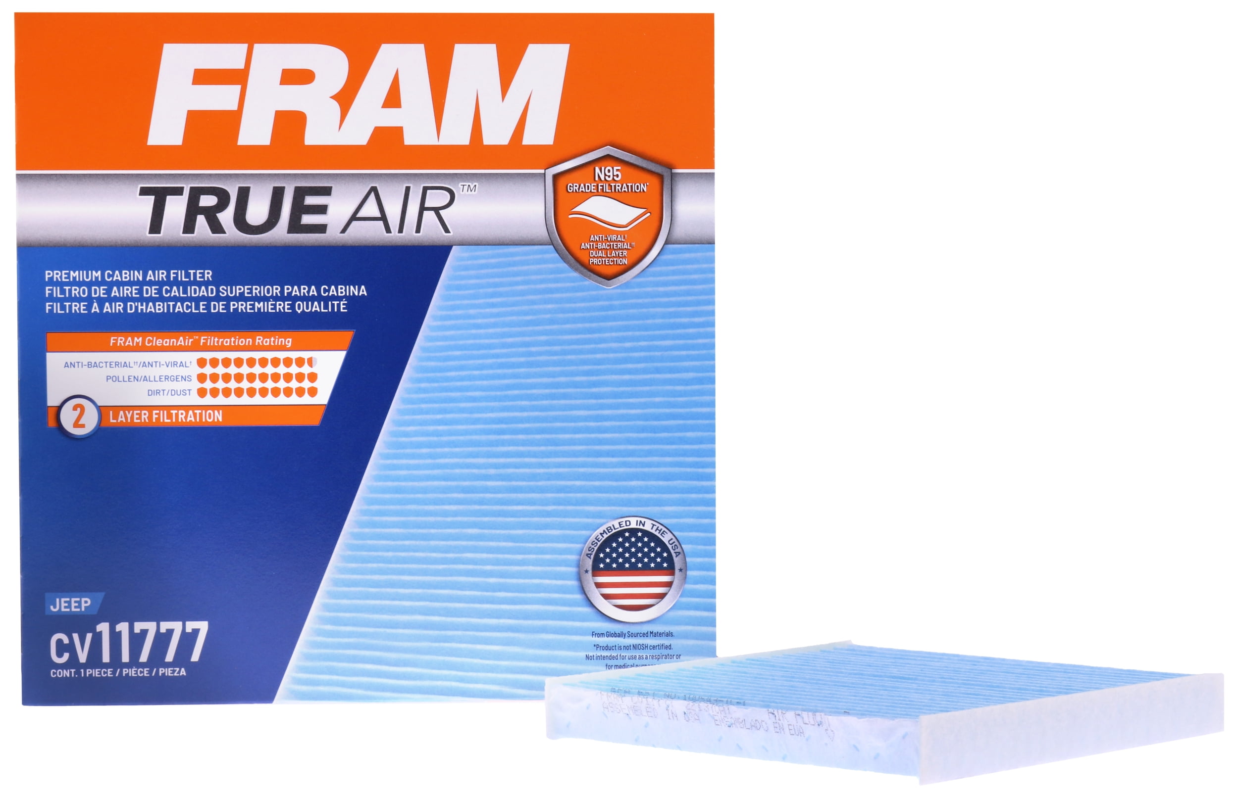 FRAM CV11777 TrueAir Premium Cabin Air Filter with N95 Grade Filter Media for Jeep Wrangler Fits