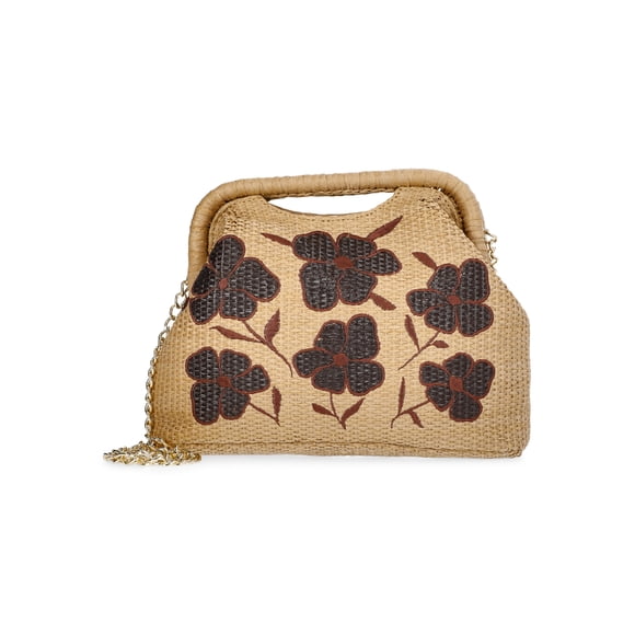 Time and Tru Women's Embroidered Straw Frame Clutch Handbag, Natural