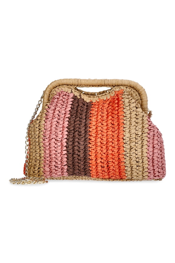 Women's Striped Straw Frame Clutch Handbag, Multicolor
