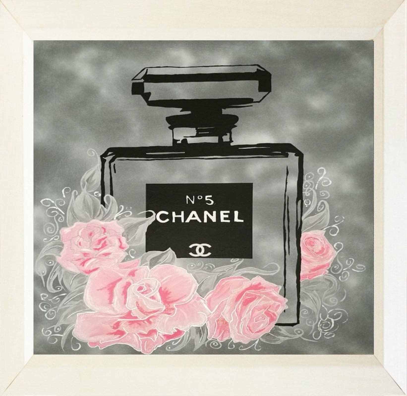 FRAMED Pink Roses Floral Chanel No. 5 By PopArtQueen 12x12 Art Painting  Print WHITE FRAME